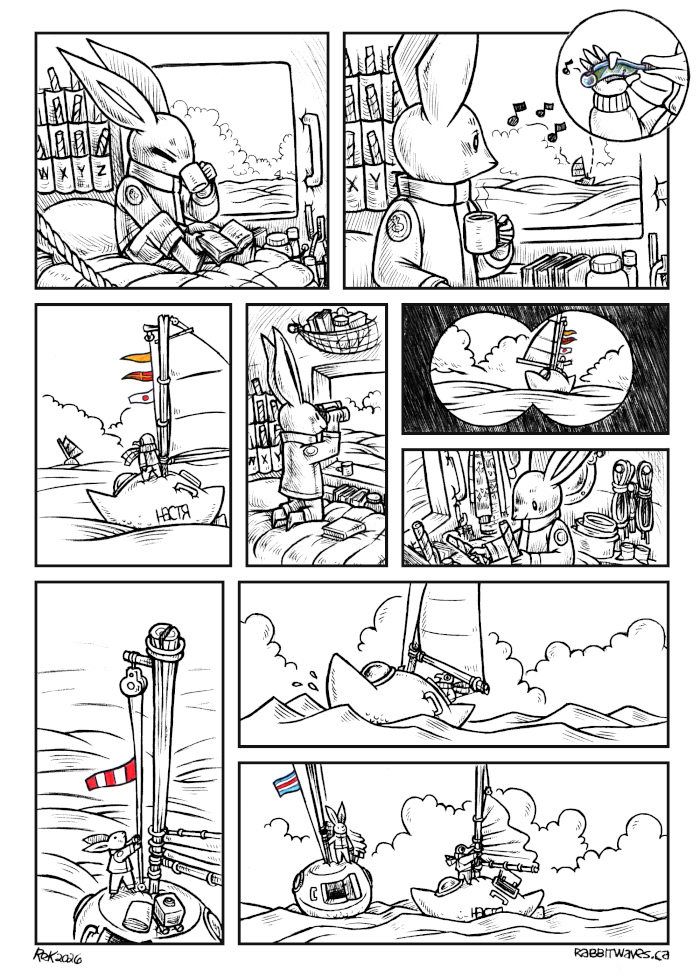 A comic showing a rabbit living aboard a giant turnip sailboat at sea, the rabbit hears a whistle, looks outside using binoculars and sees another sailboat, shaped like a kumara, with 3 signal flags hoisted(Q, R and 1). The rabbit grabs 2 flags, goes outside, and hoists a striped red and white flag, then a R flag. With permission to approach, the kumara sailboat sails towards the turnip boat and lowers the sail when near.