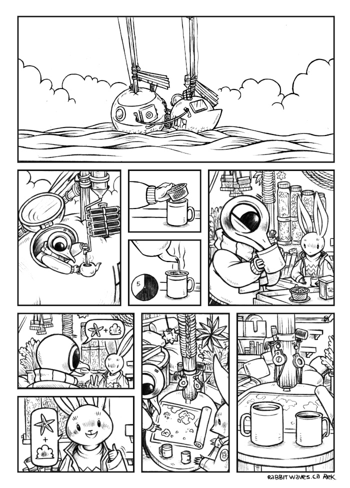 A comic showing two root-vegetable shaped sailboats rafted alongside one another. Arkady reaches outside to fill a teapot with hot water, using a series of solar evacuated tubes installed on deck. Arkady makes tea, then proceeds to telling Hazy two words: Starfish, and Cloud. Hazy signals that they will remember the 2 words by giving a thumbs up. Both proceed to look at a map, Arkady points to a specific island.