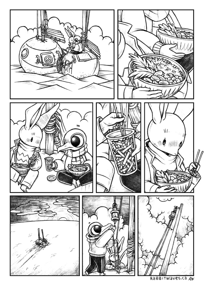 A comic showing a rabbit and a gull sitting atop a raft up of two root-vegetable shaped sailboats, they are eating food. The gull hands an opened jar of pickled foods over to the rabbit, who puts some in their bowl. The sun is slowly setting, the gull hoists up the mast light for the night.