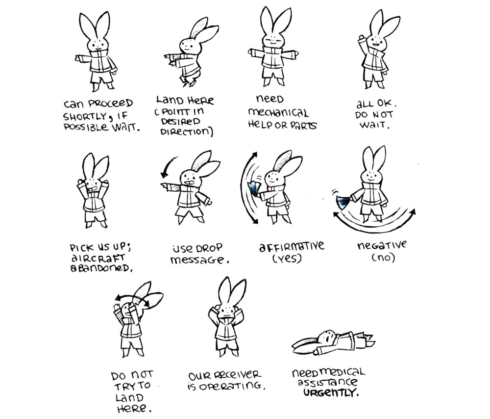 A rabbit standing with its left arm extended outward. A rabbit crouching and pointing to the left with both arms. A rabbit standing with both arms extended outward. A rabbit standing while pointing up with the left arm. A rabbit pointing up with both arms. A rabbit is standing and moving the left arm from up to the left in an arc. A rabbit is standing and waving a piece of fabric up and down. A rabbit standing and waving a piece of fabric from left to right. A rabbit standing and waving both arms from left to right. A rabbit standing with hands on their head near their ears. A rabbit lying on the ground.