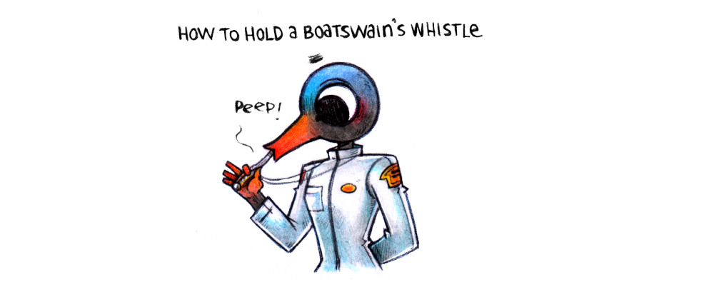 A humanoid bird wearing a white uniform blowing into a boatswains whistle