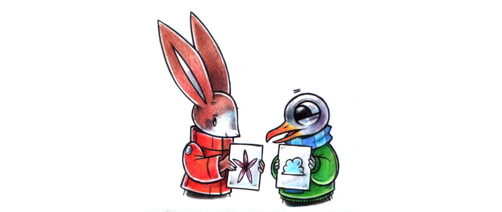a drawing showing 2 humanoid animals, a rabbit and a gull, wearing clothes. Both are standing one in front of the other, the rabbit is holding a drawing with a starfish, the gull is holding a drawing of a cloud.