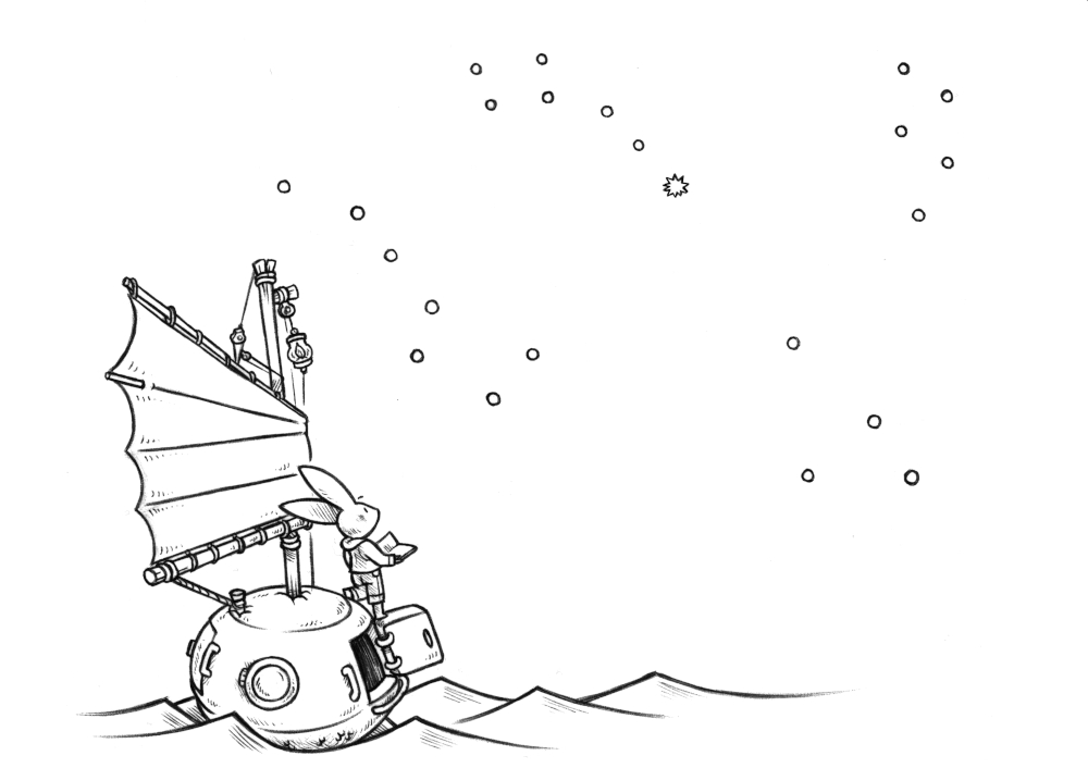 a rabbit standing atop a turnip shaped sailboat, a book in hand, looking at the stars overhead